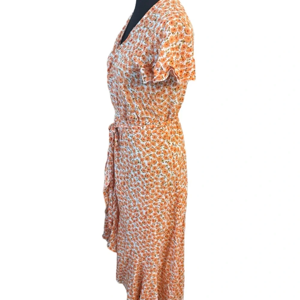 Orange Ruffled Wrap Midi Dress with Flutter Sleeves - Picture 4 of 5